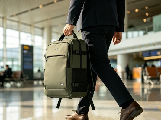 40L backpack used as airline carry-on luggage, traveler walking inside airport terminal
