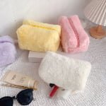 Wholesale macaron color plush makeup bag soft lamb fleece cosmetic pouch custom logo