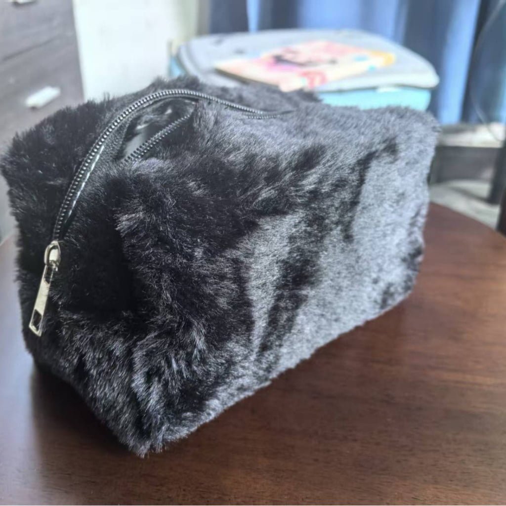 black Mini portable macaron pastel plush makeup bag