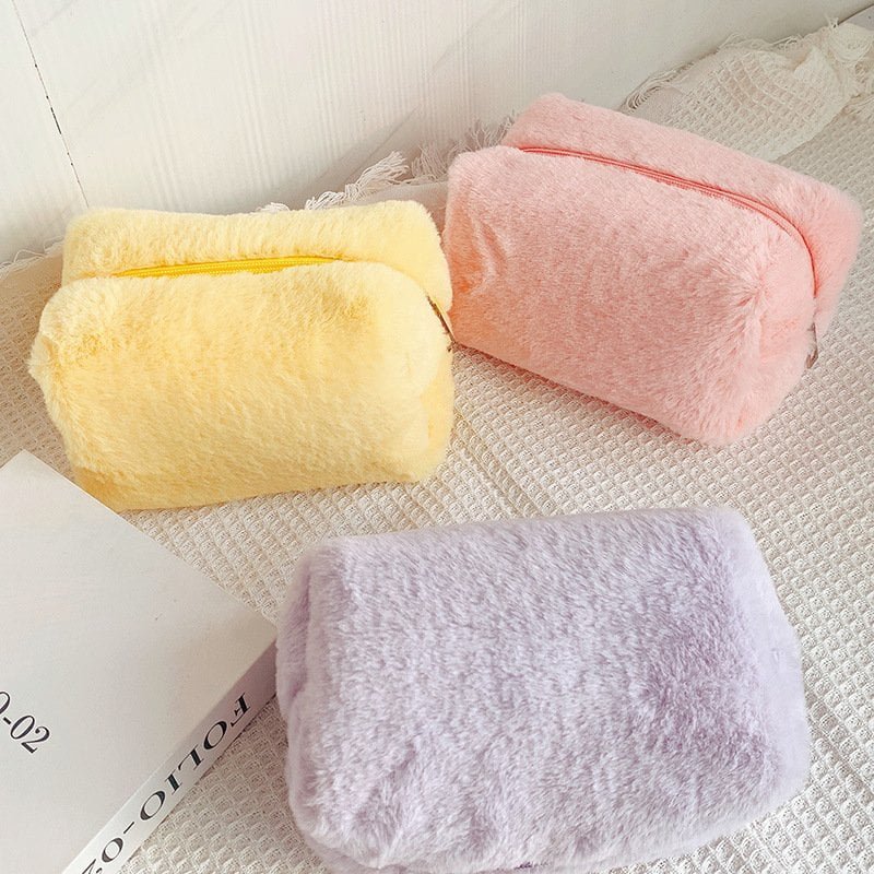 Factory macaron candy color fluffy plush makeup bag