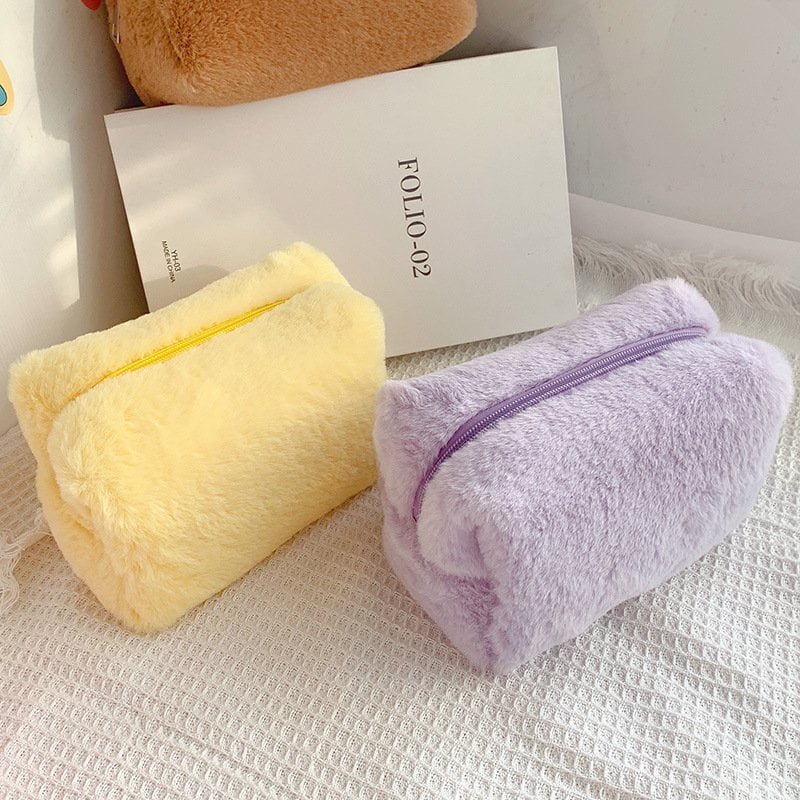 Factory direct macaron pastel fluffy plush cosmetic bag multi-color bulk retail supply
