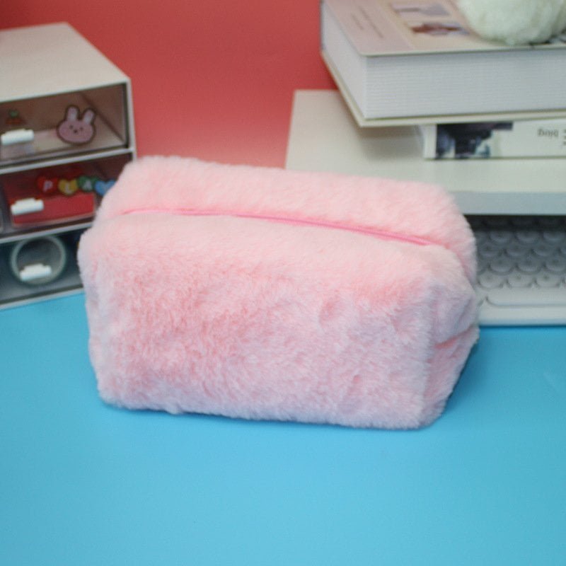 Low MOQ macaron sherpa plush makeup pouch student cosmetic bag bulk school supply
