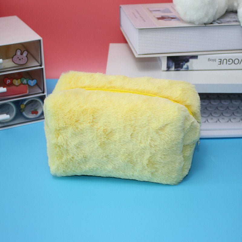 Factory OEM macaron fluffy plush makeup bag bridesmaid gift cosmetic pouch wholesale