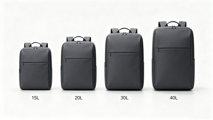 Backpack size capacity comparison chart 15L to 45L dimension volume visual comparison
