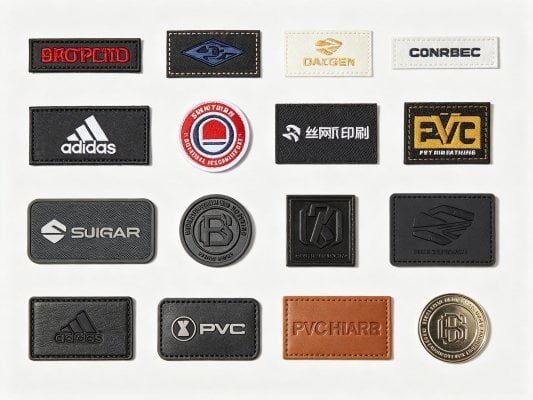 Comparison of embroidery screen printing PVC patch metal logo and woven label on backpacks