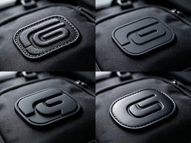 Four custom backpack logo techniques: embroidery, screen printing, rubber patch, PU logo on backpack fabric