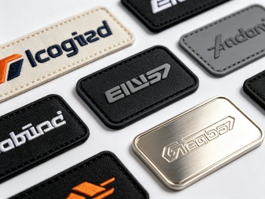 Side-by-side comparison of premium backpack logo crafts: embroidery, rubber PVC patch, metal logo, debossed embossed print on fabric