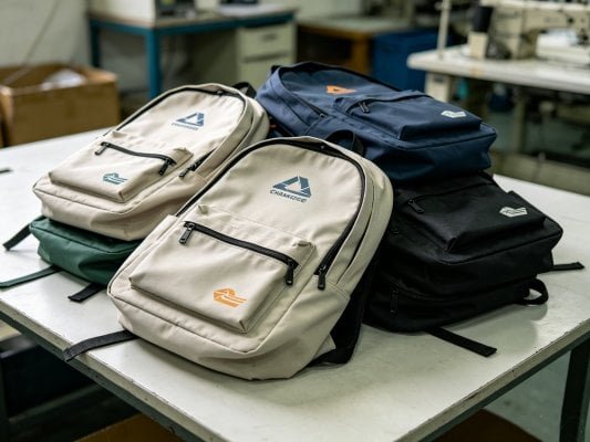 Factory desk scene showing generic low-differentiation backpack samples with only plain screen print logos, lack of trend-driven functional design