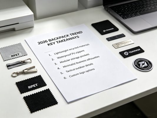 Printed 2026 backpack trend key takeaways checklist placed on desk with assorted backpack accessory samples