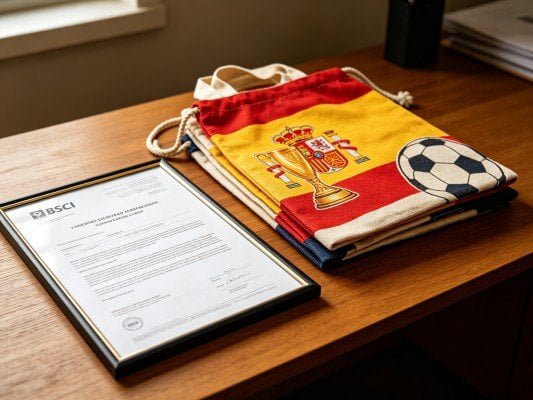 Valid BSCI social compliance audit certificate together with finished 2026 World Cup Spain themed custom fan bags for EU cross-border selling