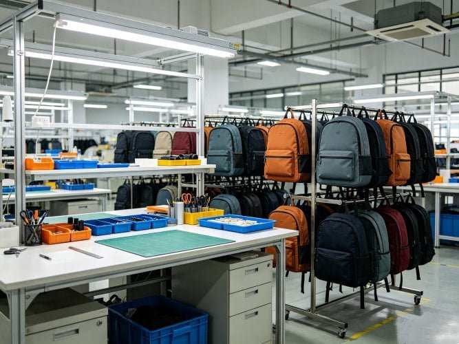 Custom backpack OEM factory production, professional bag manufacturer workshop with custom backpack samples and quality inspection