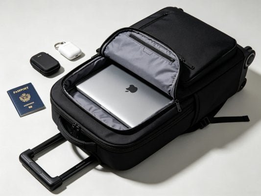 Wholesale custom carry-on travel backpack with luggage sleeve, anti-theft hidden pocket and laptop compartment for airline travel
