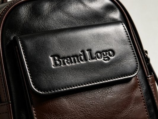 Debossed logo on leather backpack panel