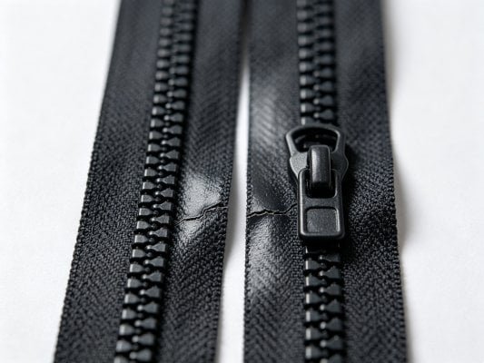 Macro close-up of defective waterproof PU zipper with cracked coating surface, inconsistent surface finish on same batch zipper samples
