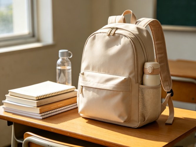 Lightweight polyester school backpack with bottle pockets and reinforced shoulder straps for students