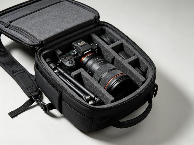 Photography backpack with customizable EVA padded dividers and tripod holder for content creators
