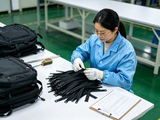 Factory IQC inspector checking waterproof PU zippers beside bulk outdoor hiking backpack raw materials, professional incoming quality control scene in bag manufacturing workshop