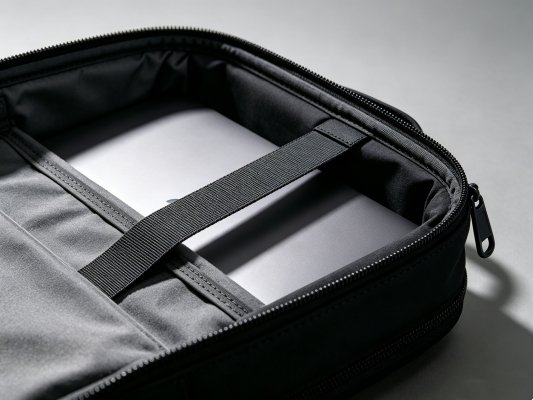 Close-up padded laptop compartment inside backpack, protective foam lining and elastic strap