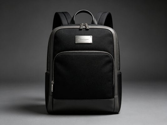 Luxury metal logo badge on premium business backpack