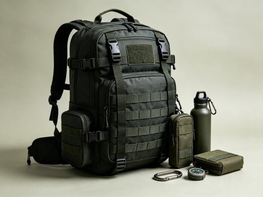 Waterproof tactical hiking backpack with MOLLE webbing system, reinforced stitching and modular outdoor accessory pockets