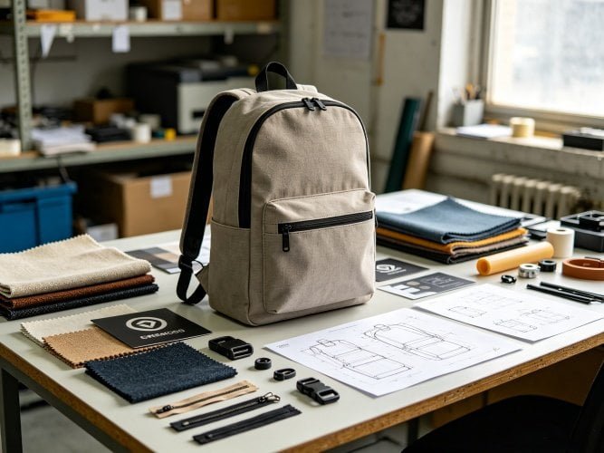 Backpack OEM factory sampling process, prototype custom backpack, material swatches and logo mockups for low MOQ orders