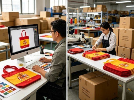 Standard OEM customization workflow: design rendering, pre-production sample, mass production, IQC inspection and bulk shipment for World Cup fan bags