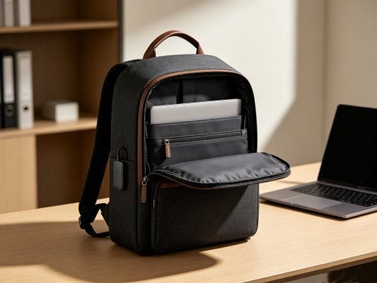 Upscale minimalist executive business laptop backpack with hidden organizer pockets and built-in USB charging port