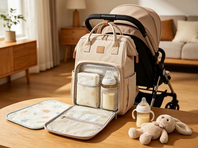 RPET diaper backpack with insulated bottle pockets and stroller straps for parents and baby brands