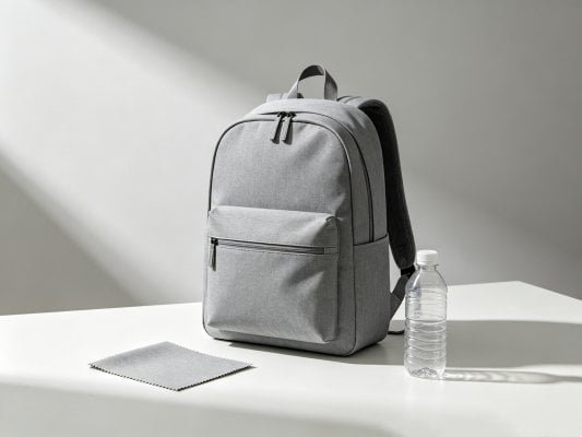 Recycled RPET eco friendly backpack made from recycled plastic bottles, sustainable fabric close-up texture studio display