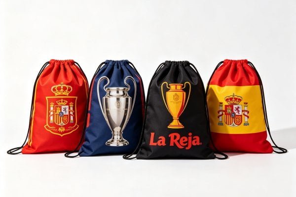 Multiple custom design elements for Spain 2026 World Cup fan bags: team logo, trophy graphic, La Roja slogan, Spanish flag printing on different bag styles