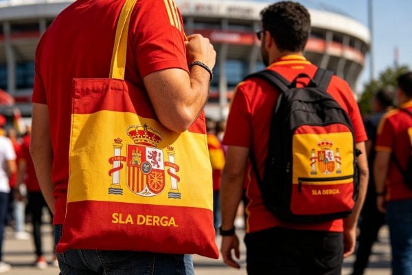 Real lifestyle usage scene of Spain 2026 World Cup champion fan bags carried by football fans for daily commute and match watching