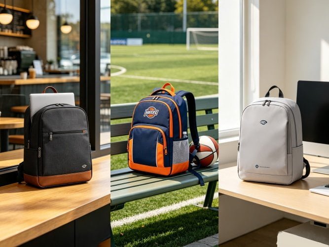 Three custom backpack categories: private label premium backpacks, school & team backpacks, corporate promotional backpacks