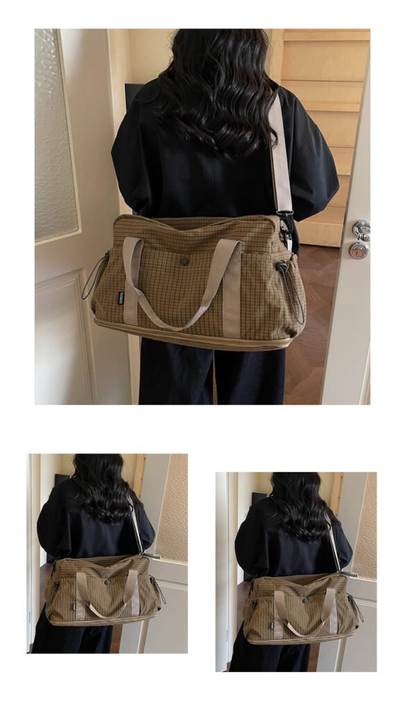 Durable woven plaid print multi‑compartment overnight travel bag