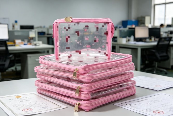 B2B OEM case study, 60000 pcs custom transparent PVC cosmetic bags bulk order for Target USA supermarket, BSCI Prop65 certified bag factory
