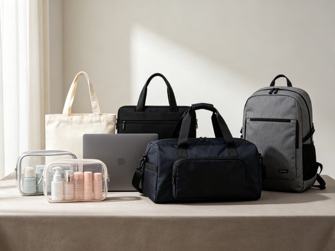 Full‑category OEM ODM custom bags collection: PVC cosmetic bags, canvas tote, laptop bag, fitness duffle bag, outdoor backpack from B2B bag manufacturer