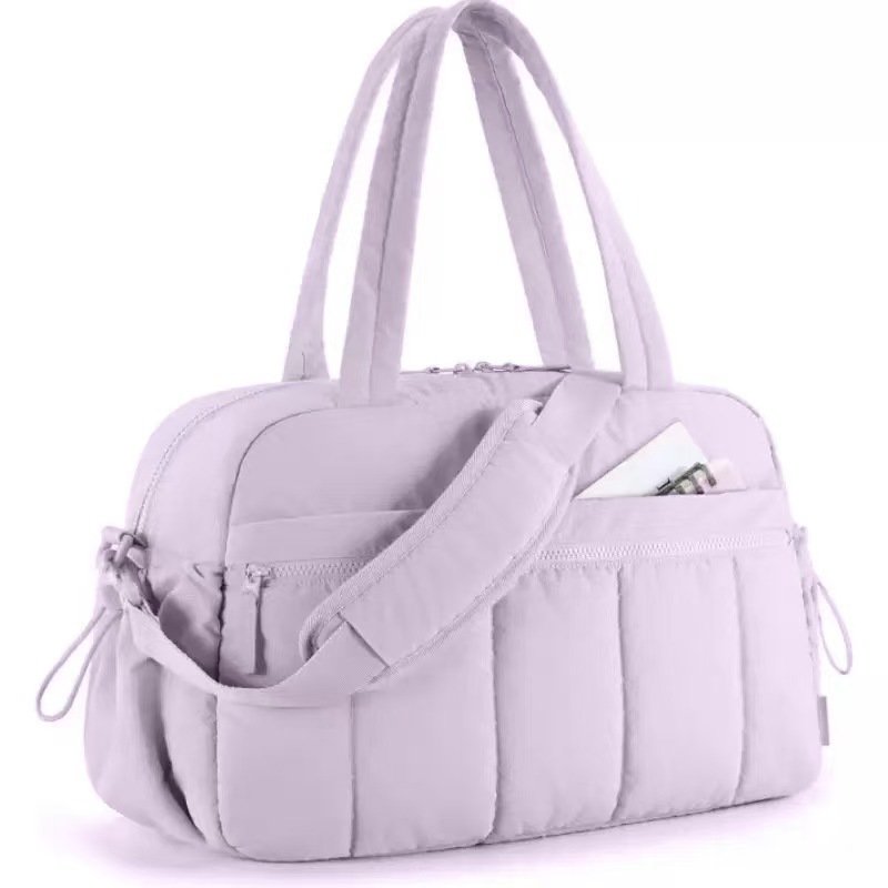 purple custom printed puffer fitness bag bulk for boutique resale